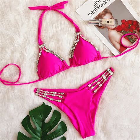 Rose Red Sexy Bikinis Swimsuit With Rhinestones Women Swimwear Female Push Up Bikini Beach Swim