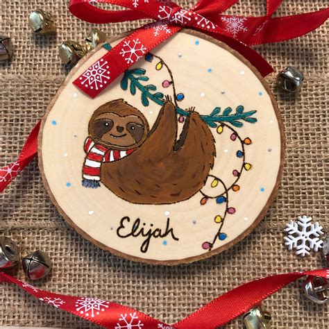 Personalized christmas sloth ornament merry slothmas wood slice sloth