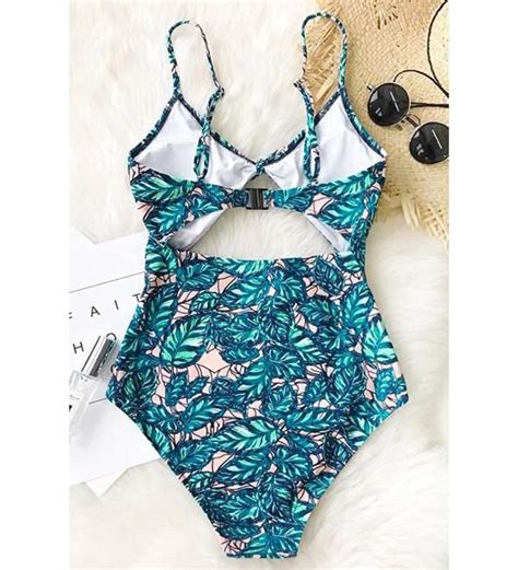 Women S Leaves Print Back Hook Closure Cut Out Bikini One Piece Swimsuit Beach Swimwear Bathing