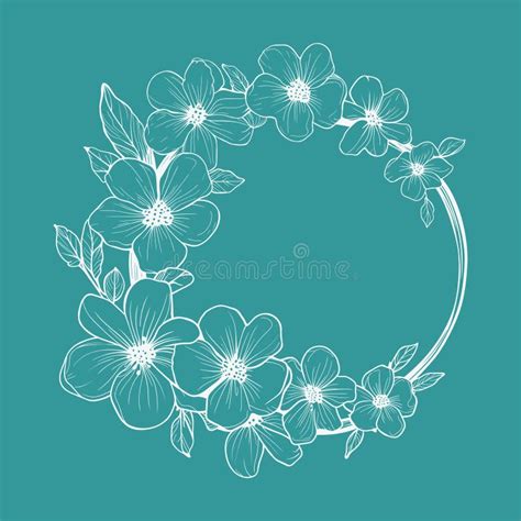 Elegant Floral Wreath With Hand Drawn Flowers On Teal Background Stock