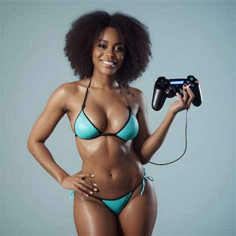 Une Noire Joyeuse En Bikini Sexy Tenant Un Jeu Photo Premium
