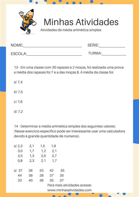 Exrcicios Media Arittmetica Setimo Ano - Média Aritmética Simples Para Ensino Fundamental II!