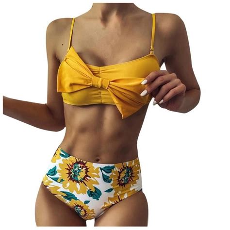 Bikini Maillot de bain à lacets à imprimé tournesol sexy à la mode pour