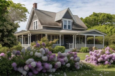 Premium AI Image Cape Cod Home With Wraparound Porch Surrounded By