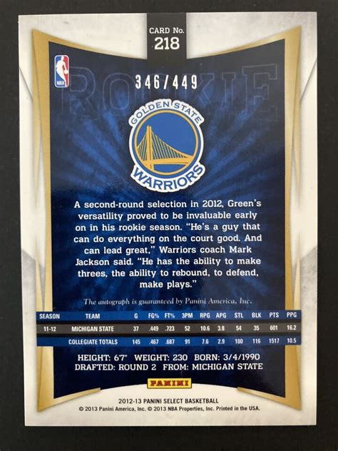 Panini Select Rookie Auto Draymond Green Rc Warriors Nba