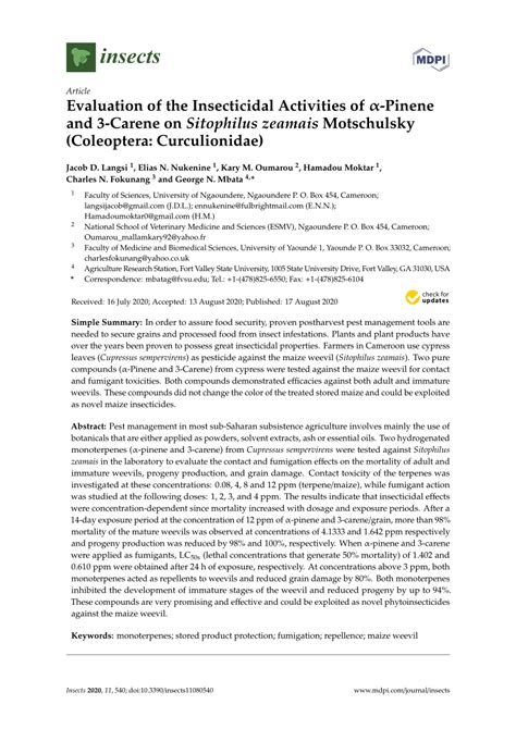 Pdf Evaluation Of The Insecticidal Activities Of Pinene And