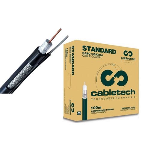 Cabo Coaxial Rg6 Preto C/ Mensageiro 95% De Malha Rolo com 100 Metros ...