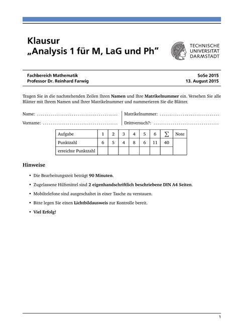 Klausur Sommersemester 2015 Fragen Klausur Analysis 1 für M LaG