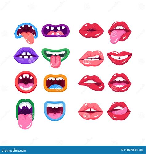 Set Comic Monster Mouth with Teeth, Realistic Human Woman Lips. Stock