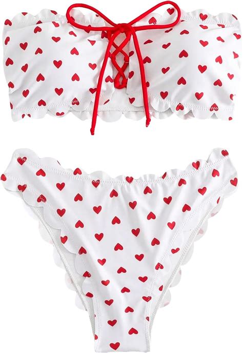 Amazon Shenhe Women S Tie Front Strapless Piece Swimsuit Scalloped Cute Bandeau Bikini