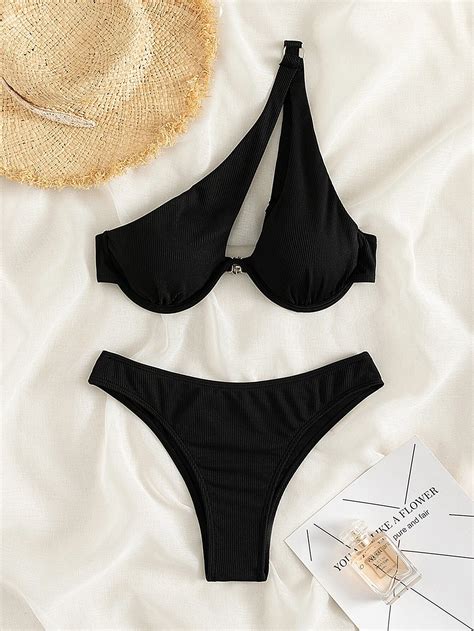 Conjunto De Bikini Acanalado Sujetador Con Aros De Un Hombro Y Bottom De Bikini Con Fruncido En