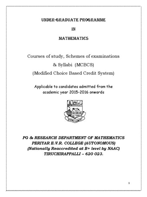 Undergraduate Programme In Mathematics Courses Of Study Examination