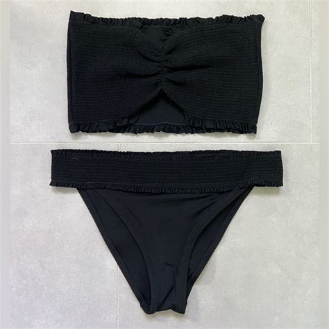 PINK Victoria S Secret Swim Pink Victorias Secret Black Strapless Smocked Bandeau Top Bikini