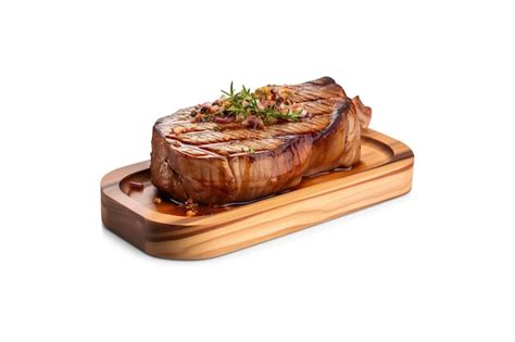 Premium AI Image A Wooden Plate Of Beef Steak Grilled With Sauce