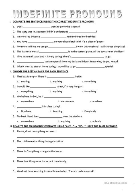 Indefinite Pronouns English Esl Worksheets