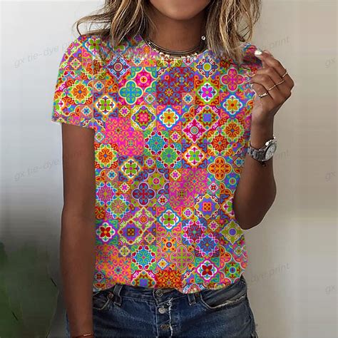 Retro Ethnic Style Print Tees T Shirts Summer Women Clothing O Neck