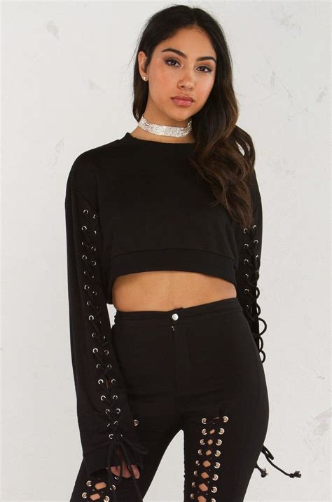 Front View Lace Up Detail Crop Top In Black Tops Crop Tops Fashion 2017