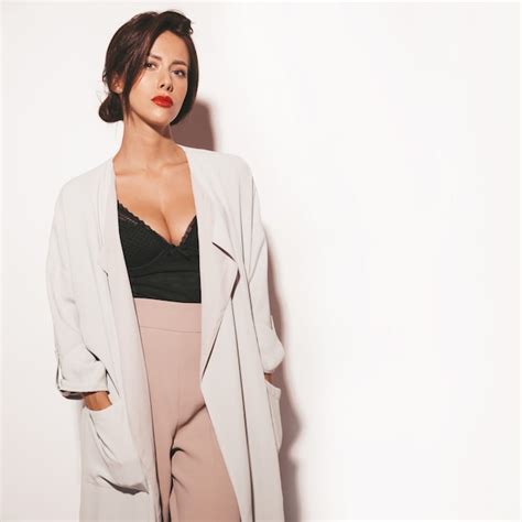 Free Photo Portrait Of Beautiful Sensual Brunette Woman Girl In Elegant Beige Classic Clothes