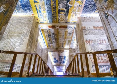 Ancient Burial Chambers For Pharaohs With Hieroglyphics At The Valley