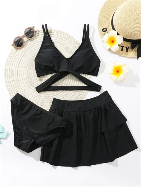 Piezas Conjunto De Bikini Cruzado Envuelto Y Falda Con Bajo En Capas Para Playa De Verano Para