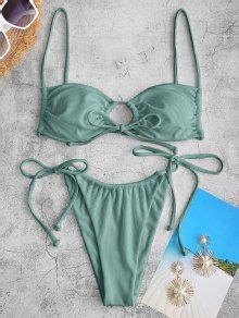 Ericka Renee X ZAFUL Drawstring Ribbed String Tanga Bikini Swimwear In LIGHT GREEN ZAFUL 2025