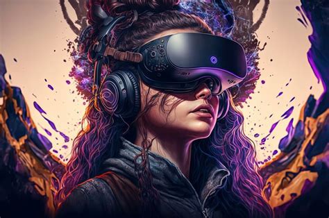 Una Mujer Con Un Casco De Realidad Virtual Frente A Un Fondo Morado Y