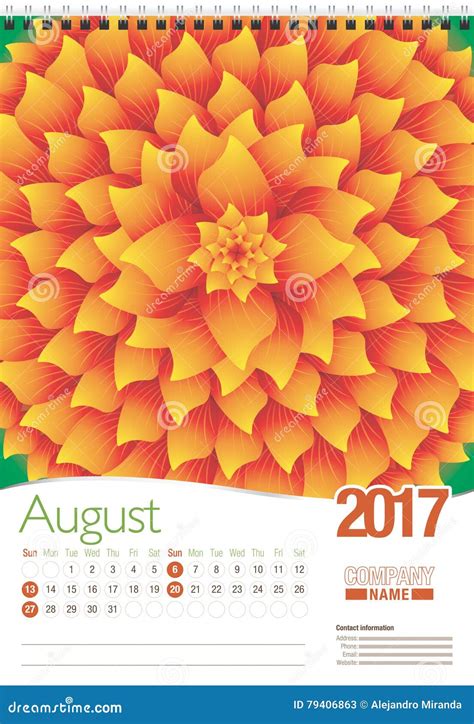 August Wall Calendar 2017 Template With Abstract Floral Design Ready