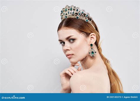 Portrait Of A Woman Luxury Naked Shoulders Cosmetics Fashion Light Background Stock Image