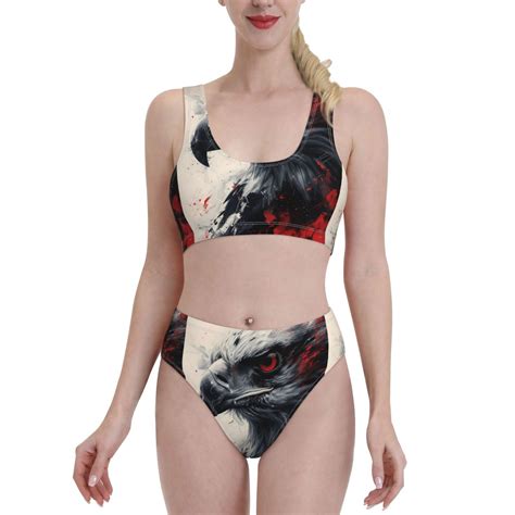Logiee Red Black Ink Style Bald Eagle Print Women S Piece Bikini Set Halter Bathing Suit High