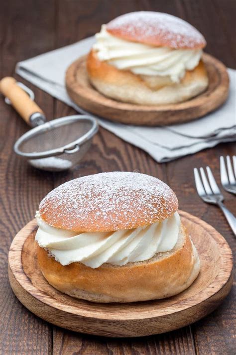 Traditional Swedish Dessert Semla Or Shrove Bun, With Almond Paste And Whipped Cream Filling ...