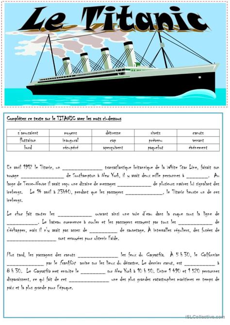 Le Titanic Texte Trous Fran Ais Fle Fiches Pedagogiques Pdf Doc