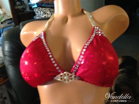 Red Bikini Womes Physique Custom Competition Suit Rhinestone Connectors