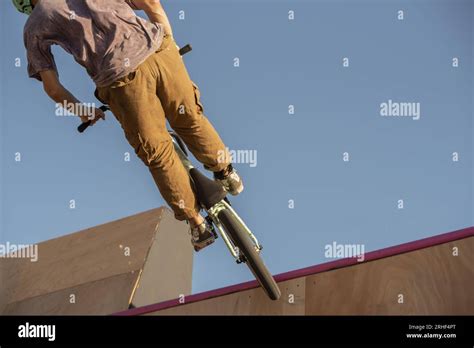 Man In Bmx Ramp Jump Sport Urban Concept Biker Stock Photo Alamy