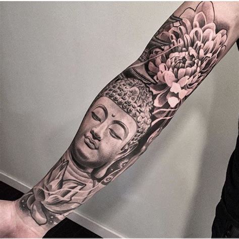 Black and grey buddha tattoo sleeve lotus | Buddhist tattoo sleeve