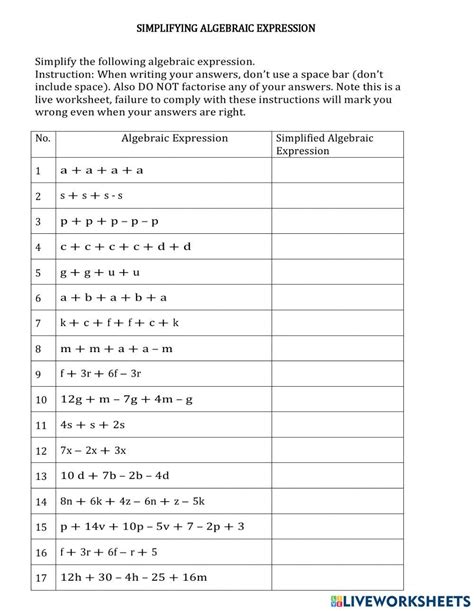 Algebraic Expression Interactive Worksheet For 7 Live Worksheets