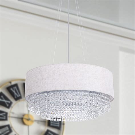 Wellmet Modern Drum Crystal Chandelier 4 Light Crystal Linen Shade