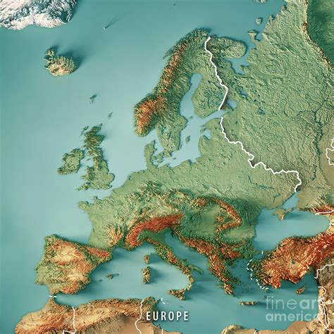 Europe 3D Render Topographic Map Color Border By Frank Ramspott