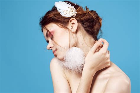 Woman With Fluffy Earrings Nude Shoulders Makeup Clear Skin Stock Photo Image Of Makeup Fresh