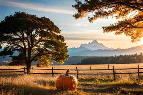 premium ai image  view   mountains   pumpkin patch