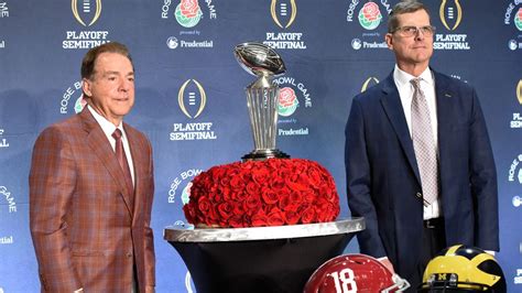 Nick Saban Jim Harbaugh Meet At Rose Bowl Press Conference See The