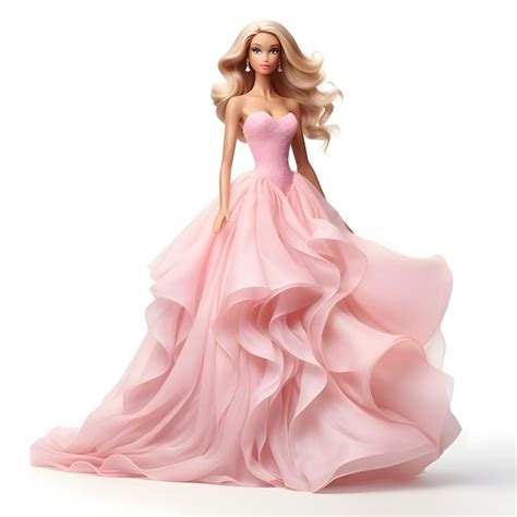 Premium Ai Image Cute Blonde Barbie Wearing An Elegant Pink Gown Posed Against White