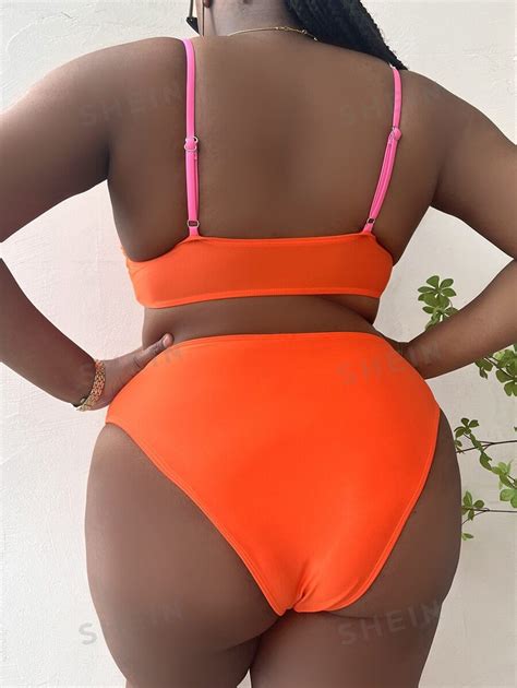 Shein Swim Curve Plus Color Block Bikini Set Cami Bra Cut Out High Waisted Bottom Piece