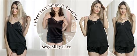 Ekouaer Womens Pajama Sets Sexy Lingerie Satin Sleepwear Cami Shorts Set V Neck Pj Lace