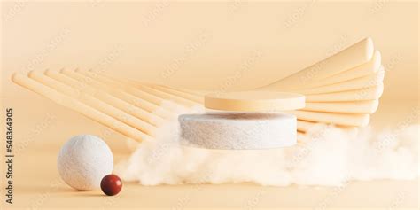 D Background Products Display Podium Scene With Geometric Platform And Smoke Nude Yellow