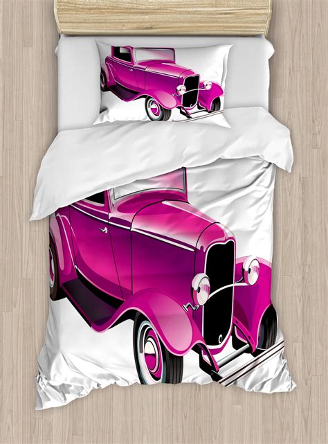 Hot Pink Duvet Cover Set Vintage Muscle Car Illustration Retro Revival Vehicle Engine American