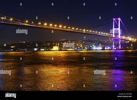 View of Bosphorus Bridge by night time in Istanbul, Turkey Stock Photo ...