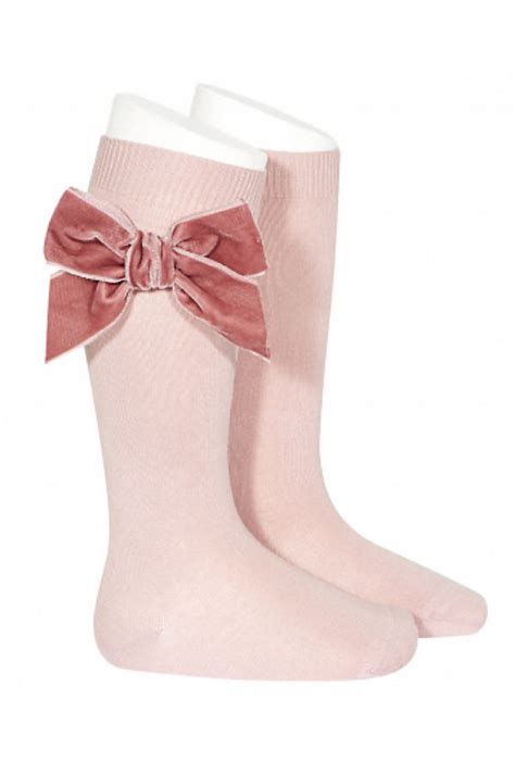 Condor Dusky Pink Velvet Bow Knee High Socks