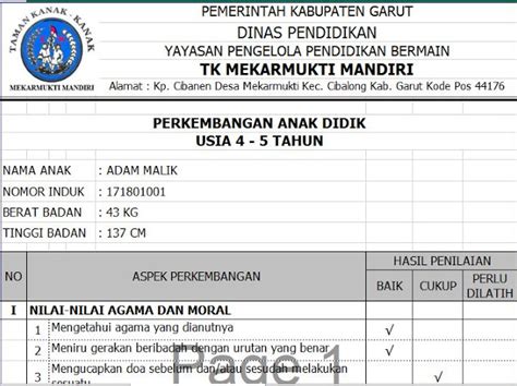 Unduh Contoh Raport Tk Taman Kanak Kanak Usia 4 5 Tahun Aplikasi