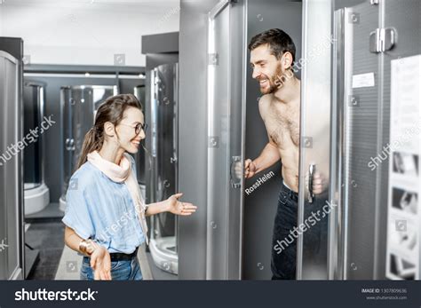 Naked Man Looking Out Shower Cabin Stock Photo Edit Now