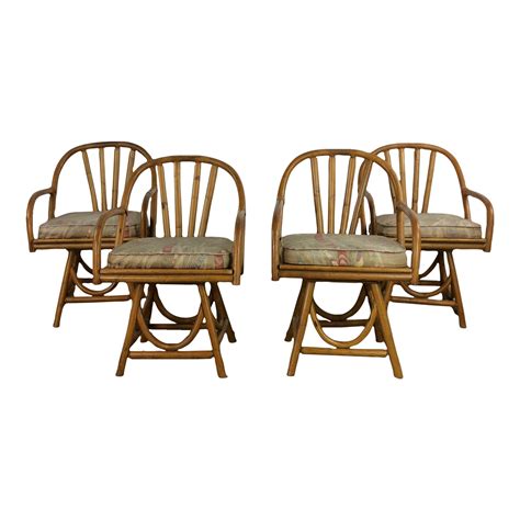 Set Of 4 Vintage Boho Chic Rattan Swivel Chairs Chairish